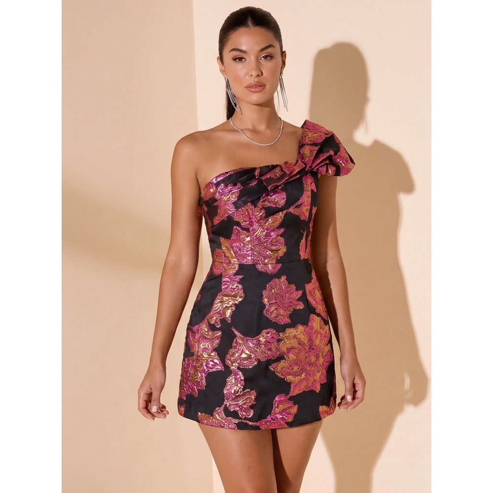 Dress The Population One Shoulder Metallic Floral Brocade Mini Dress XS Glam